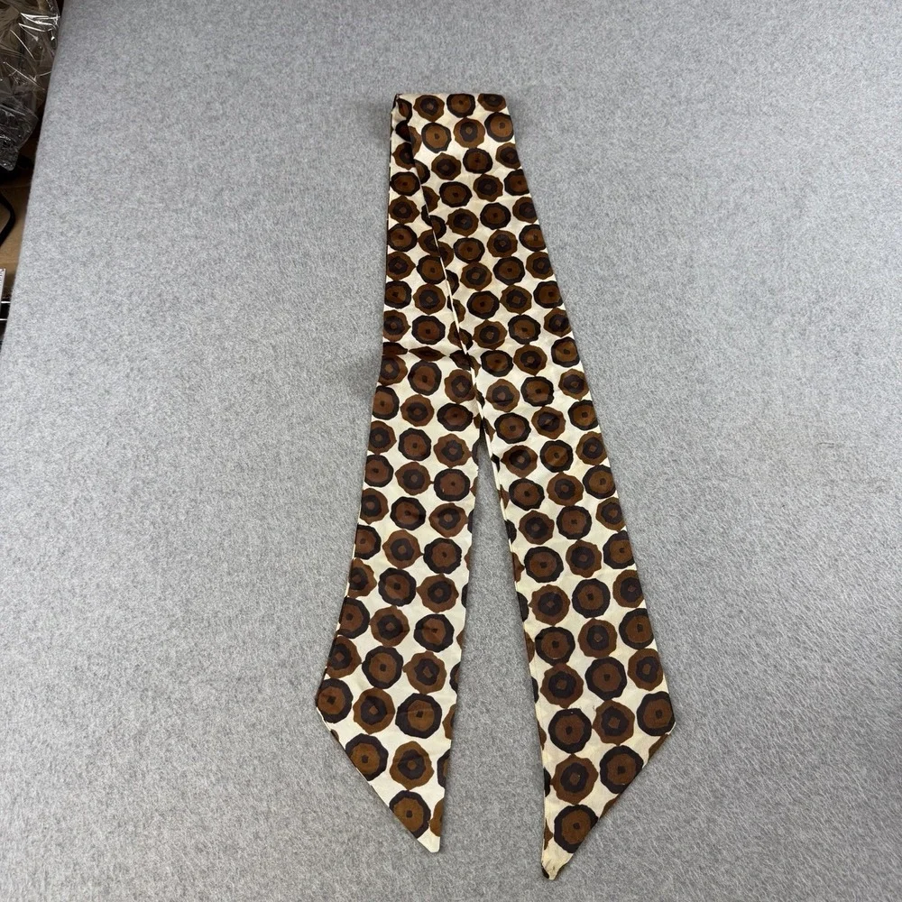 Vintage 70s Skinny Scarf 54x4 Brown Cream Geometric Mod Print Neck Tie Retro